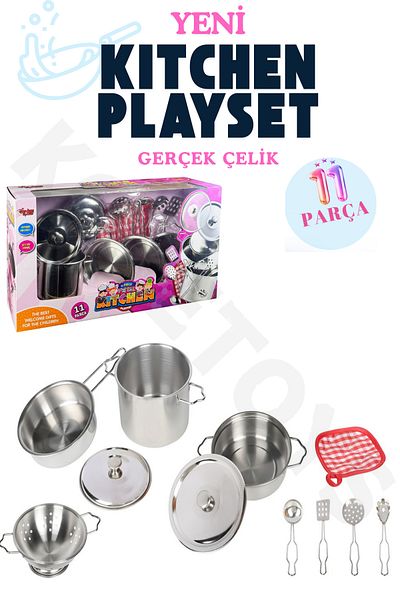 kosetoys Girl's Toy Kitchen Set 11 Pieces Real Steel Stainless Pots Pans Set