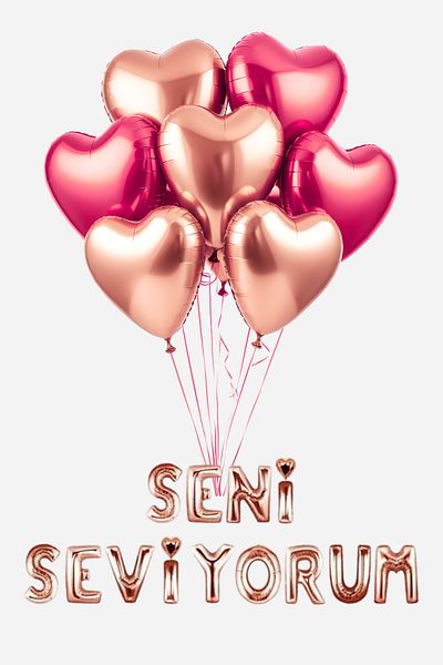 Baloncu Dede Heart Patterned 7 Pieces Red Rose Dried Helium Compatible Foil 1 Piece I Love You Balloon Valentine's Day