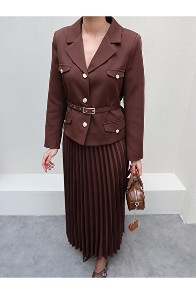 ESRAHELVACI Gold Buckle Belted Jacket Skirt Suit