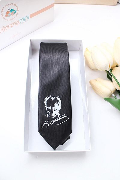 VİTRİNMİXMİNİ Satin Fabric Atatürk Printed Black Color Children's Tie - Special Boxed