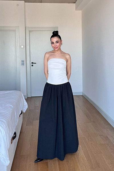 Seda Yalçın Atelier White Strapless Long Dress with Black Poplin Top