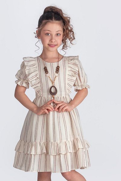 Tivido Necklace 100% Cotton Muslin Fabric Short Sleeve Girl's Dress - Cream/Powder