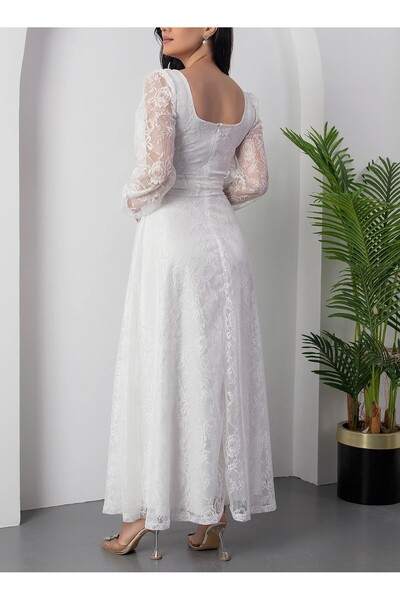 Lensia Kare Yaka Kuşaklı Dantel Elbise