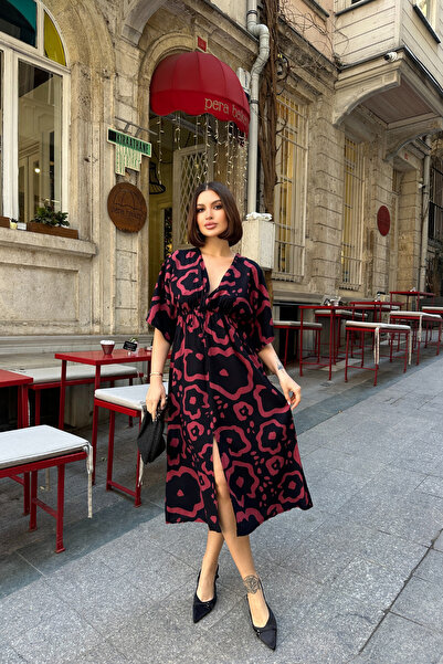 Mezka Φόρεμα με μανίκια νυχτερίδας, ελαστική μέση, μπροστά άνοιγμα μίντι, μέγ...