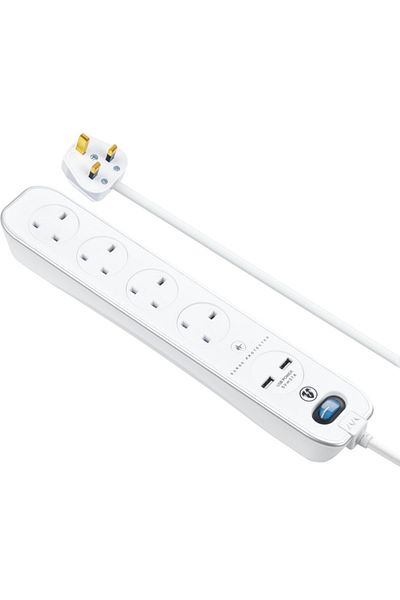 Masterplug 2 Meter 4 Sockets Premium High Gloss USB Power Extension Lead With USB Charging Ports, White