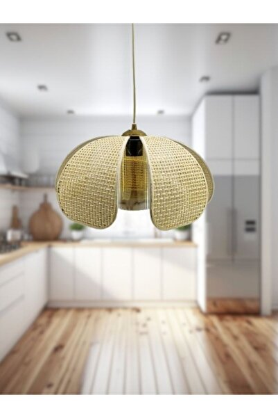 Decodelight Hasır Hazeran Rattan Açık Krem Papatya  Model Bal Renk Camlı Ev Cafe Restaurant Tekli Sarkıt Avize
