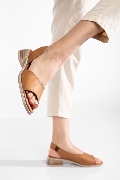ANALİN SHOES Sandale de zi cu toc mic pentru femei din piele naturală - maro