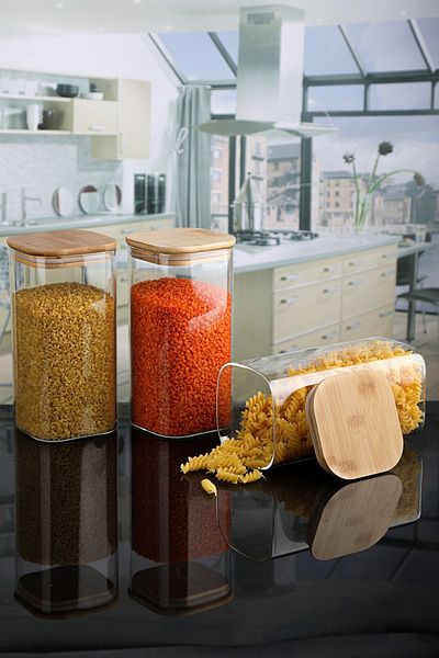 Lizzy 6-Piece 1500 ml Square Glass Spice Jar and Food Container with Bamboo Lid