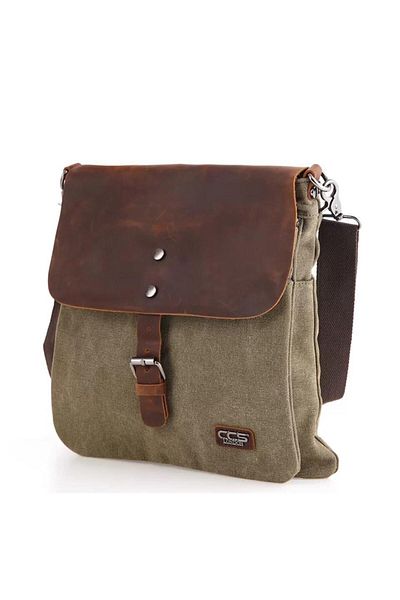 ÇÇS Ççs 31350 Canvas Leather Messenger Shoulder Bag Πράσινη