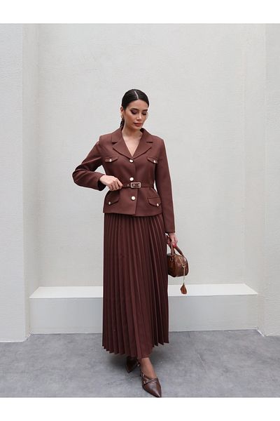 ESRAHELVACI Gold Buckle Belted Jacket Skirt Suit