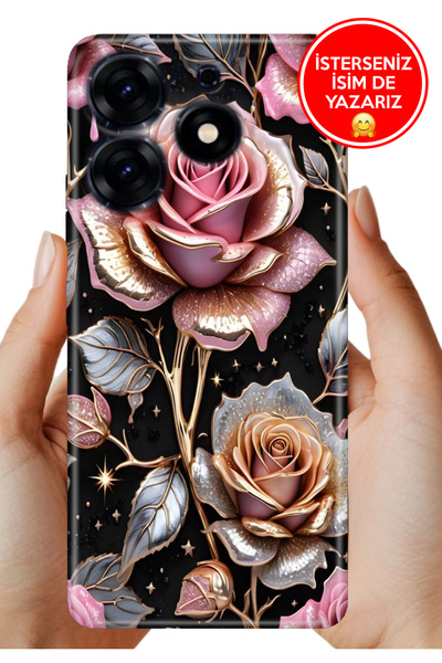 TECNO Spark 20 20C Kılıf Lüks Desenli Silikon Cover Case Kap Gold Gül