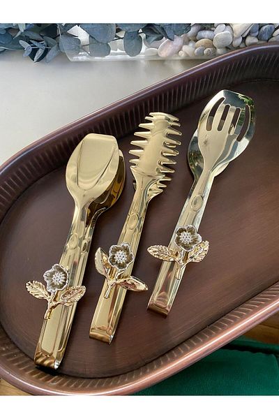 Dame Marie Gold Floral 3-Piece Tongs Set Luxury Stainless Steel