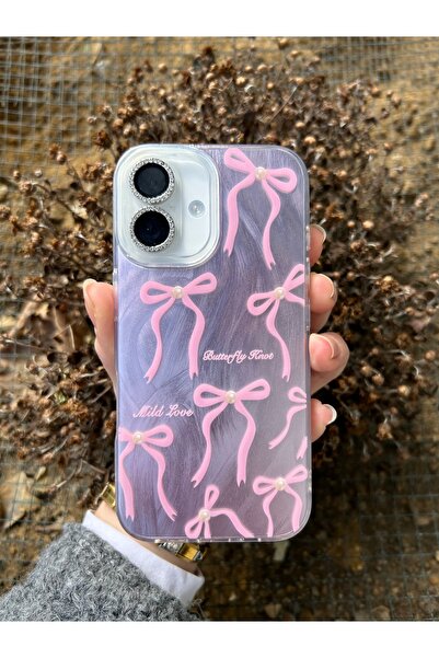 OVADA İphone 16 Uyumlu Hologramlı Kurdele Ve İnci Desenli Kılıf