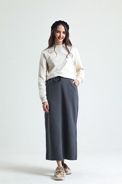pulur.co Anthracite 100% Cotton Slit Midi Skirt