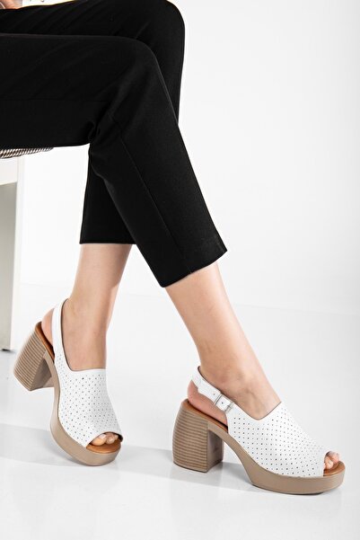 ANALİN SHOES Sandale groase cu toc Kaldın albe - piele