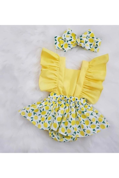 elahobi Limon Desen Bebek Salopet Tulum Ve Bandana 2'li Takım
