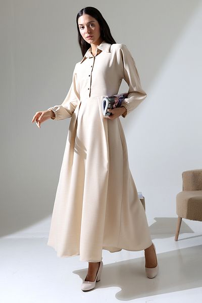 ensade Front Pleated Elastic Sleeve Belted Woven Dress