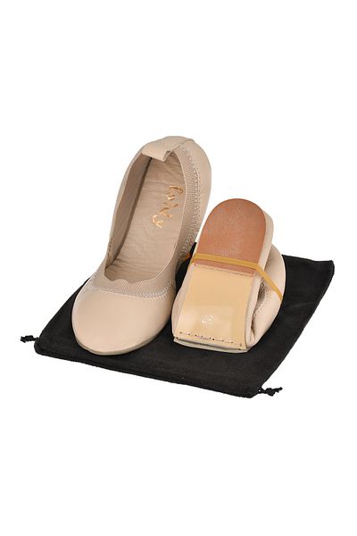 Foldy Balerini de damă pliabili din piele naturală de culoare bej