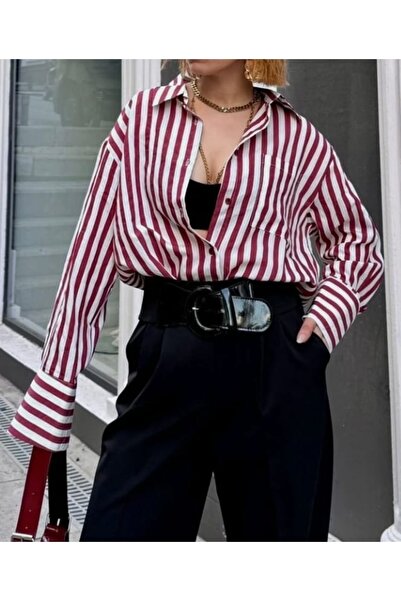 Marka Çizgili Uzun Oversize Rahat Kalıp Cepli Kadın Gömlek