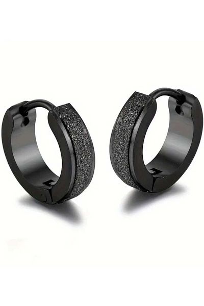 sarıyer silver Plain Black Silvery Striped Steel Hoop Earrings