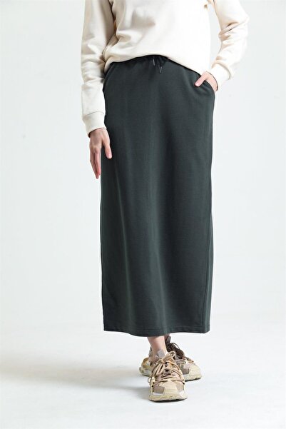 pulur.co Khaki 100% Cotton Slit Midi Skirt