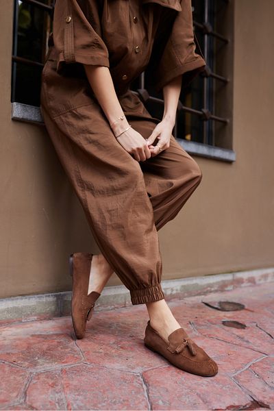 ANGELİNA JONES Albares Women's Brown Mocha Real Suede Tassel Loafer