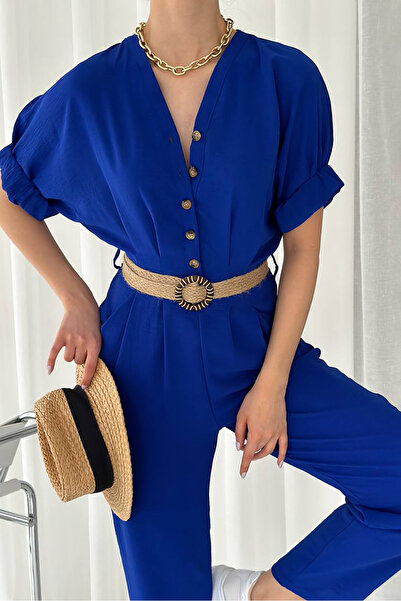 Neşeli Butik γυναικεία φόρμα ayrobin με ψάθινη ζώνη με κουμπιά NBTG2000