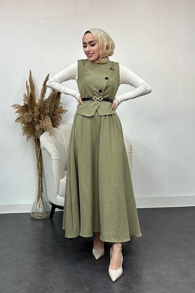 Tesettür Diyarı Sofia Linen Fabric Vest and Skirt 2 Pcs Suit-Khaki