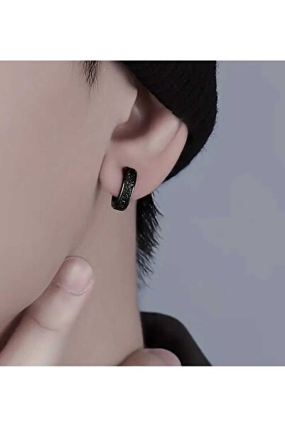 sarıyer silver Plain Black Silvery Striped Steel Hoop Earrings