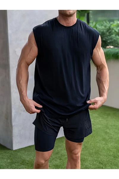 Marjill Men's Black Cotton Training Sports Athlete Oversize Sleeveless T-Shirt