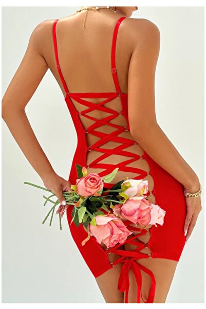 SİA LESS Women's Transparent Red Fantasy Sexy Nightwear Lycra Back Drawstring Fantasy Nightgown