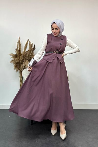 Tesettür Diyarı Purple 2 Piece Sofia Linen Vest and Skirt Set