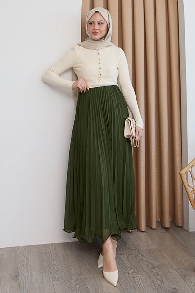 InStyle تنورة شيفون كاكي منحنية
