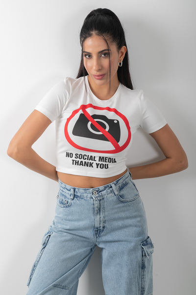 No Social Media Baskılı Siyah Crop Kadın Kısa Kol Body