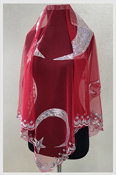 Halay Kına Srebrna navlaka sa šljokicama u obliku polumeseca i zvezde, crvena...