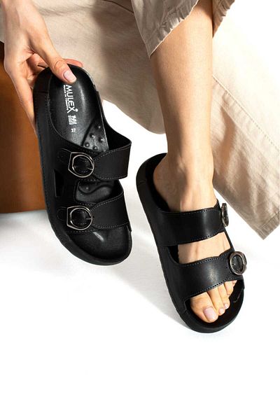 MULEX Women's Leather (Artificial) Orthopedic Comfortable Sole Adjustable Buckle Stitched Stylish Outside-In Slippers