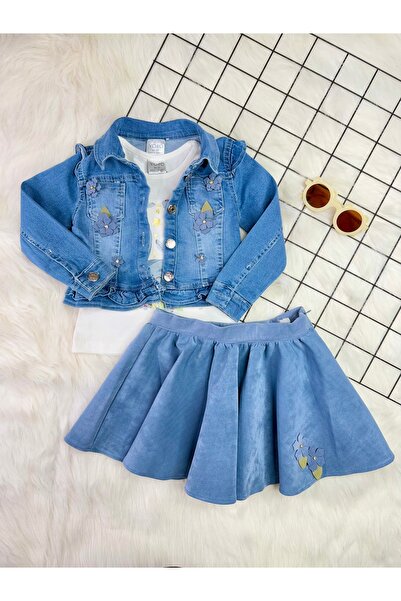 Yollo Kids Kız Çocuk Çiçekli Kot Ceketli Kuğu Baskılı Etekli 3’lü Takım