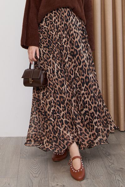 InStyle Fusta din șifon maro cu model leopard curbat