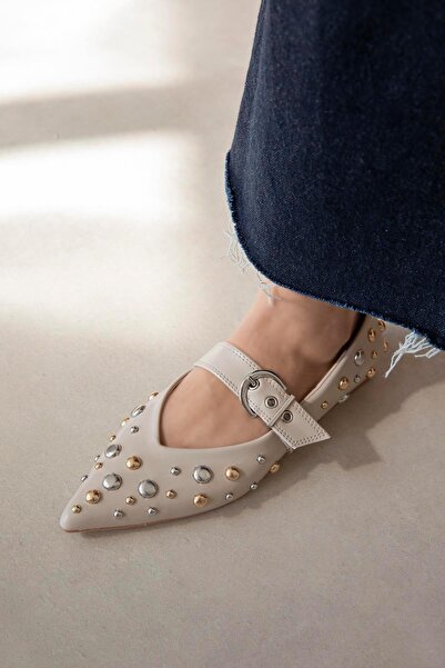 STRASWANS Aqua Women's Drop Detail Lider Beige Leather Ballerinas