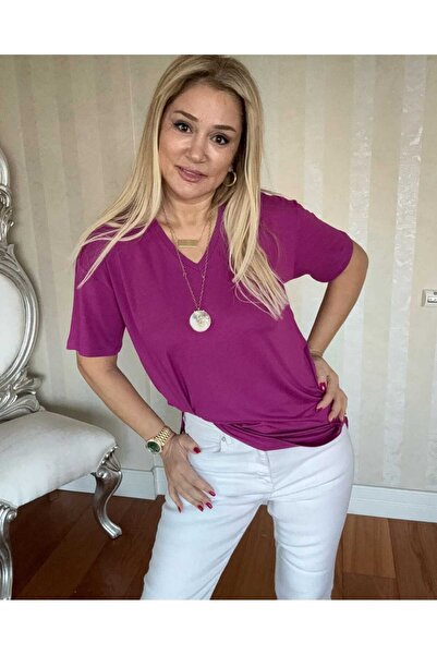 NUR TEKSTİL kadın mor  Viskon penye v yaka yanları hafif yırtmaçlı kısa kol t...