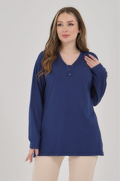 Elçelya Moda Women's V-Neck Lycra Daily Seasonal Mother Combed Cotton Blouse