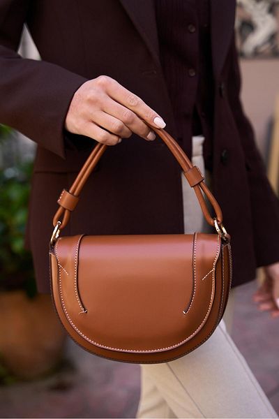 Madamra Tan Women's Contrast Stitched Cross Strap Hand and Shoulder Bag