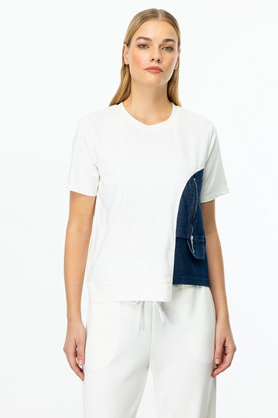 ON Asymmetrical Patterned Denim Detailed Blouse Ecru-56333