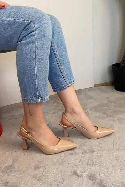 Preshley Women's Motto Nud Patent Leather Pointed Toe Open Back 8 cm Heeled Shoes