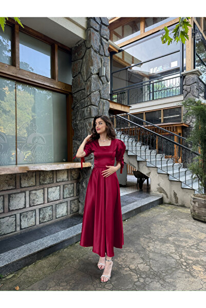 BEYZATURAN Bordo Saten Rüya Elbise