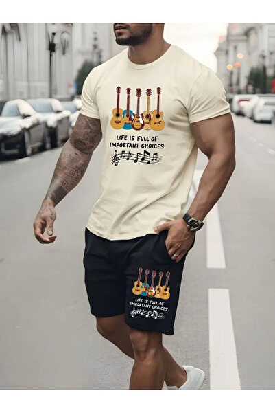 LUNAVISTA Men's 2Pcs Sportswear Elastic Set, Short Sleeve Round Neck Guitar P...