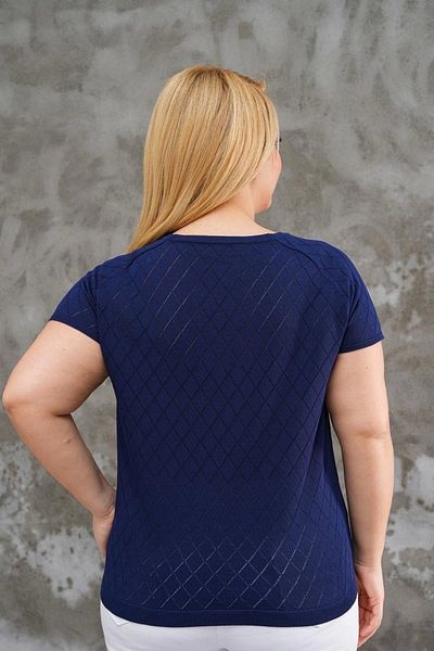 Bİ.GİYSEN Women's Large Size Navy Blue Crew Neck Argyle Lycra Cold Thread Knit Thin Knitwear Blouse