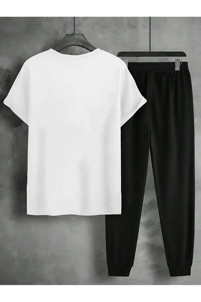 Guillermo Paris Comfortable T-Shirt Joggers Set for Men - Beige Short Sleeve Tee with Red Accents,
