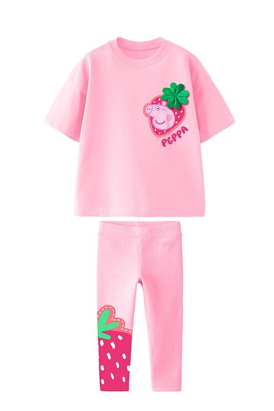 Monila Girl's Cotton Crew Neck Peppa Printed Bottom Top Set