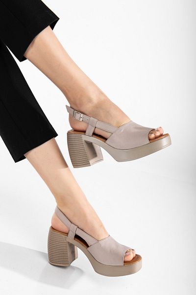 ANALİN SHOES Sandale de damă din piele naturală cu curea la gleznă cu toc gros - gri argintiu